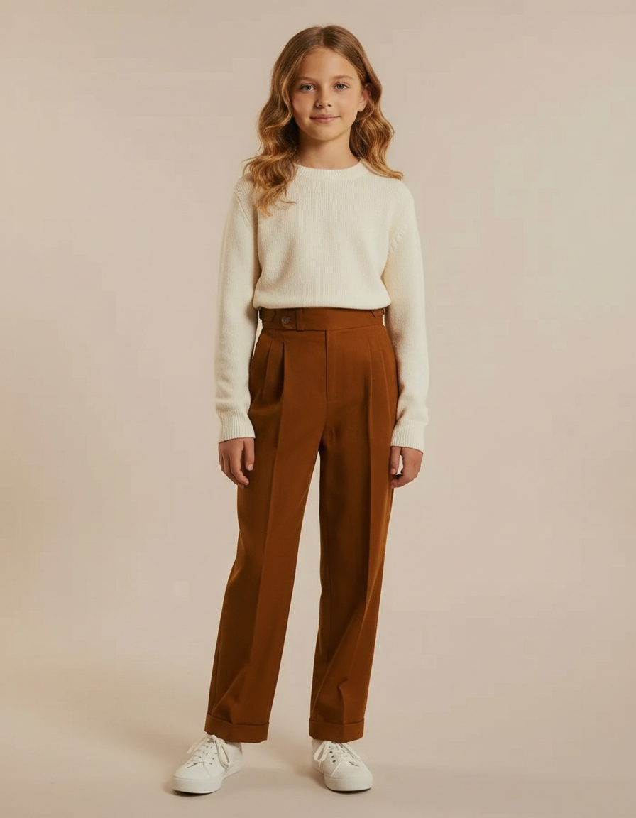 Pantalon Marron Plissé Ample Taille Haute Droit - Gabardine