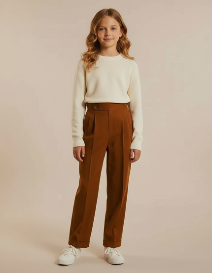 Pantalon Marron Plissé Ample Taille Haute Droit - Gabardine