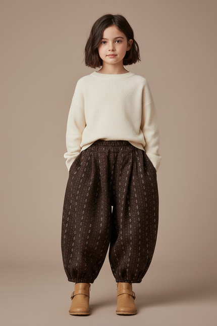 Pantalon Marron Ample Imprimé Floral Hiver Chaud Fille - Laine