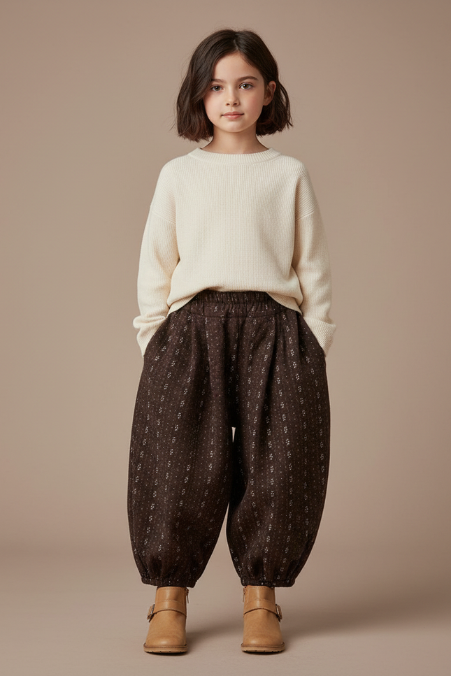 Pantalon Marron Ample Imprimé Floral Hiver Chaud Fille - Laine