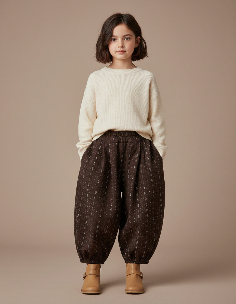 Pantalon Marron Ample Imprimé Floral Hiver Chaud Fille - Laine