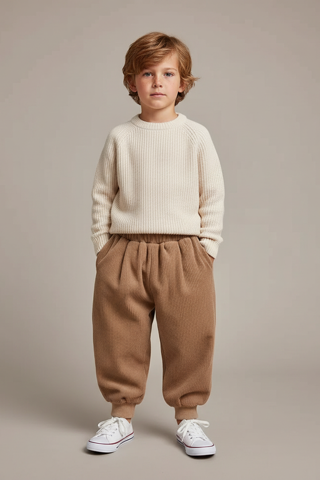 Pantalon Marron Côtelé Ample Enfant Élastique Poches - Cordé