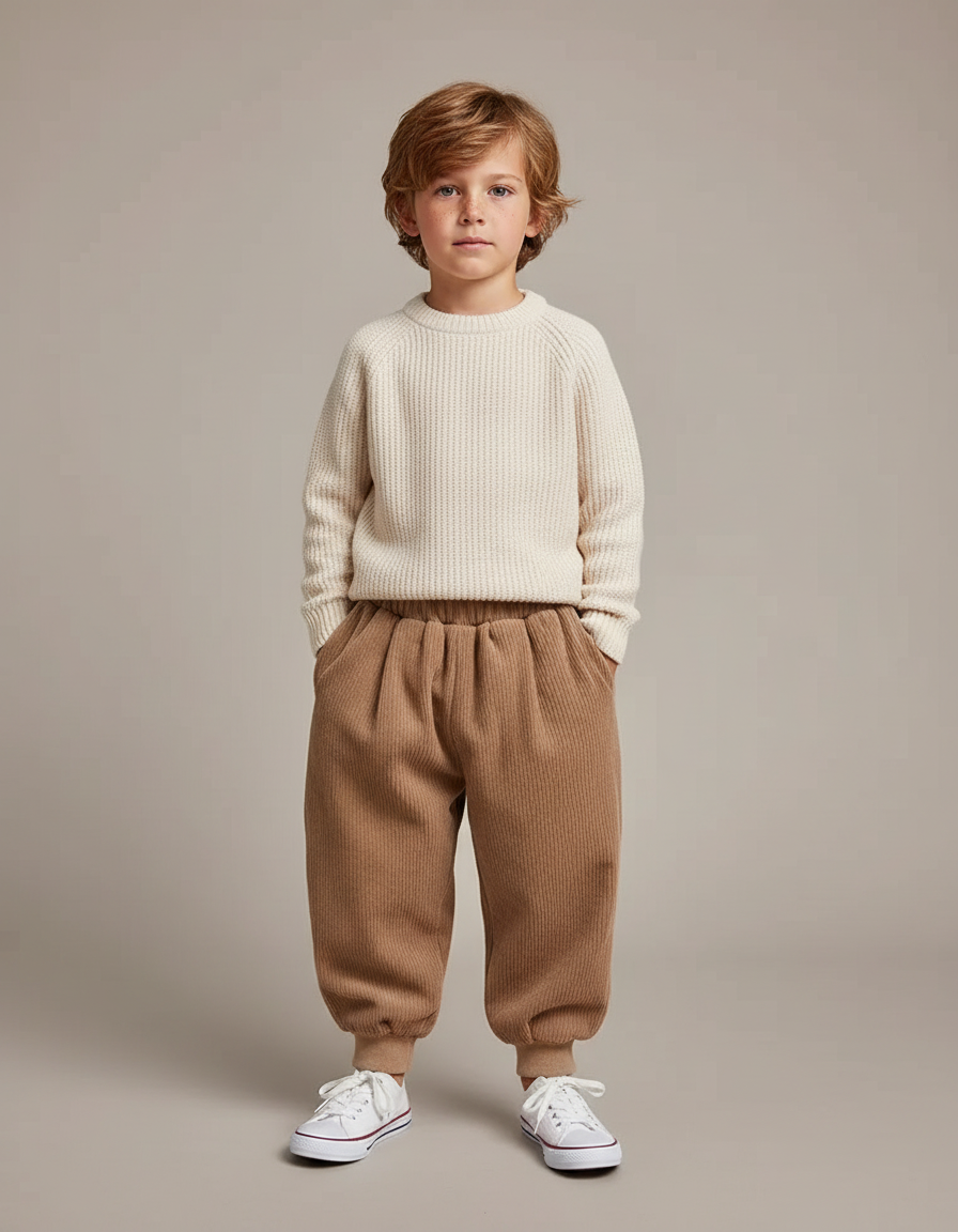 Pantalon Marron Côtelé Ample Enfant Élastique Poches - Cordé