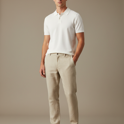 Pantalon Marron Lin Coton Slim Élégant Décontracté Homme - Beige
