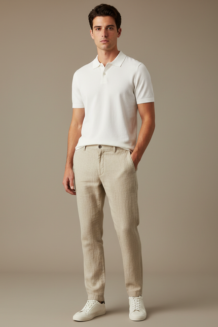 Pantalon Marron Lin Coton Slim Élégant Décontracté Homme - Beige