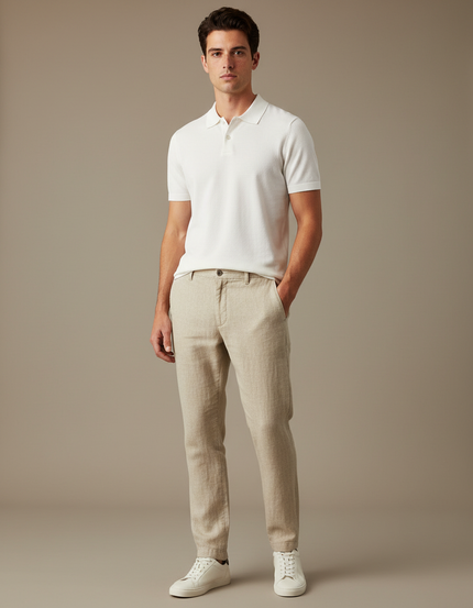 Pantalon Marron Lin Coton Slim Élégant Décontracté Homme - Beige