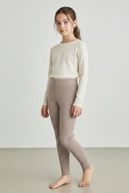 Pantalon Marron Côtelé Tricoté Extensible Fillette Confortable - Maille