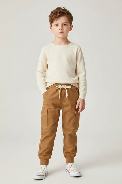 Pantalon Marron Cargo Coton Garçon Jogger Élastique - Camel