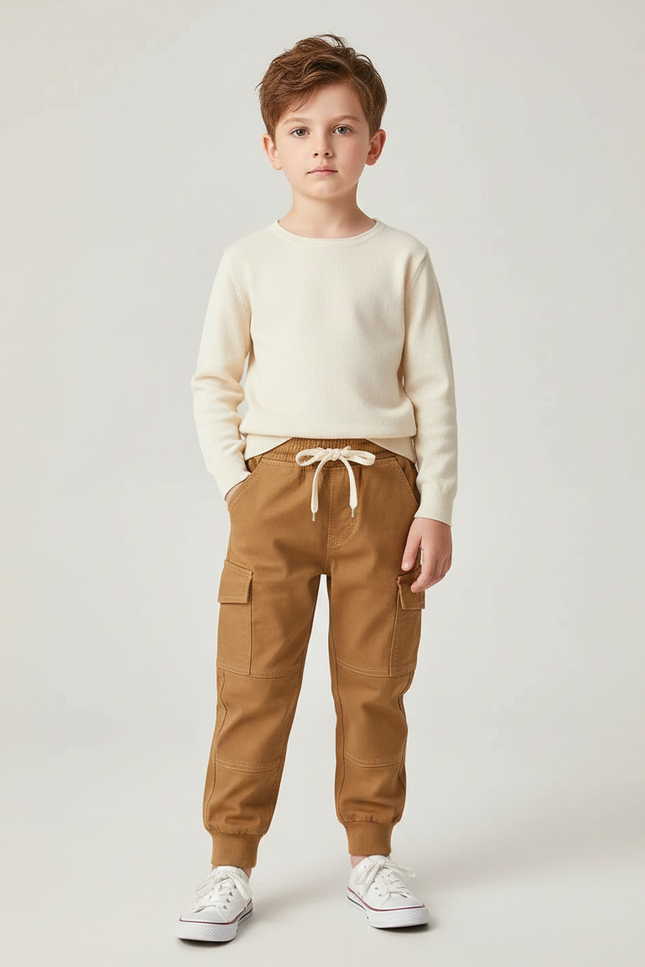 Pantalon Marron Cargo Coton Garçon Jogger Élastique - Camel