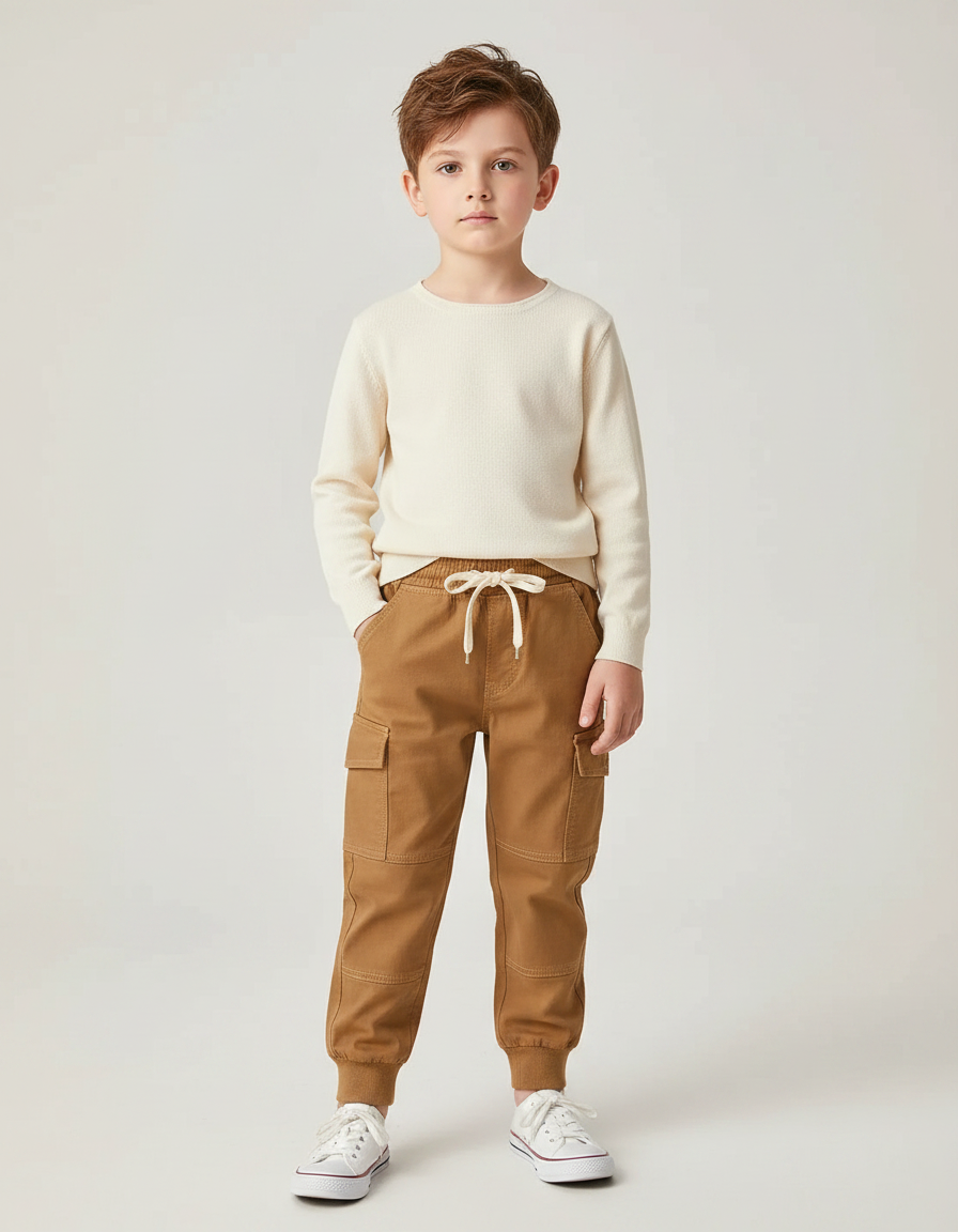 Pantalon Marron Cargo Coton Garçon Jogger Élastique - Camel