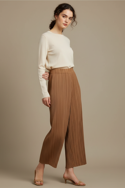 Pantalon Marron Plissé Ample Taille Élastique Fluide - Polyester