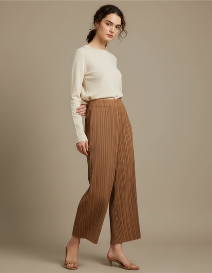 Pantalon Marron Plissé Ample Taille Élastique Fluide - Polyester