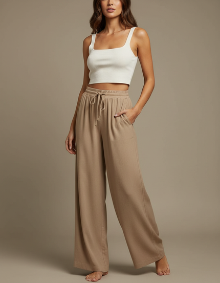Pantalon Marron Ample Fluide Décontracté Taille Haute - Maille