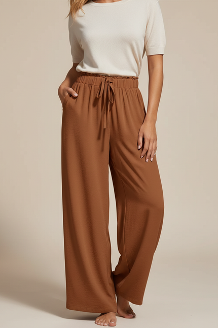 Pantalon Marron Fluide Ample Décontracté Cordon Femme - Viscose