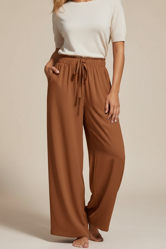 Pantalon Marron Fluide Ample Décontracté Cordon Femme - Viscose