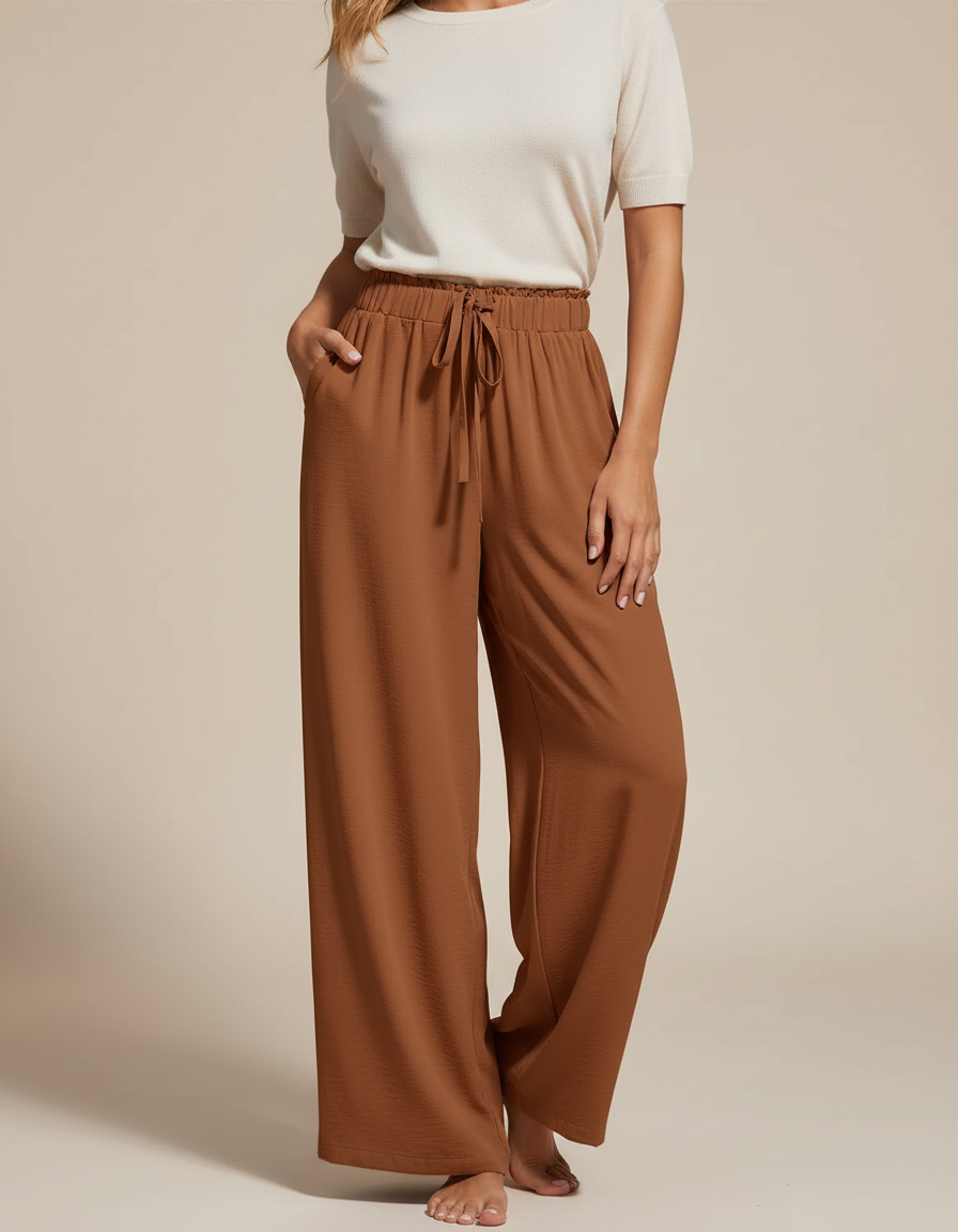 Pantalon Marron Fluide Ample Décontracté Cordon Femme - Viscose