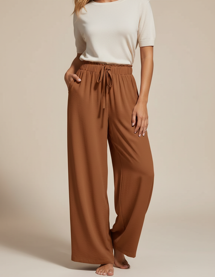 Pantalon Marron Fluide Ample Décontracté Cordon Femme - Viscose