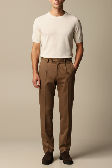 Pantalon Marron Plissé Droit Élégant Business Homme - Gabardine