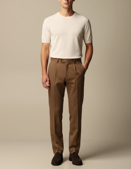 Pantalon Marron Plissé Droit Élégant Business Homme - Gabardine