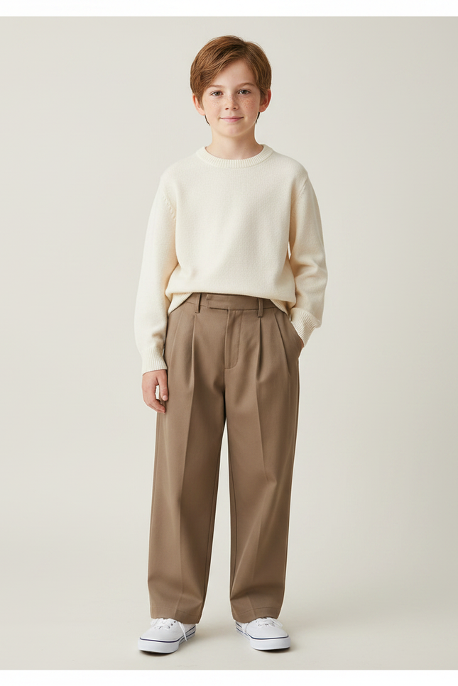 Pantalon Marron Garçon Décontracté Plissé Droit Élégant - Gabardine