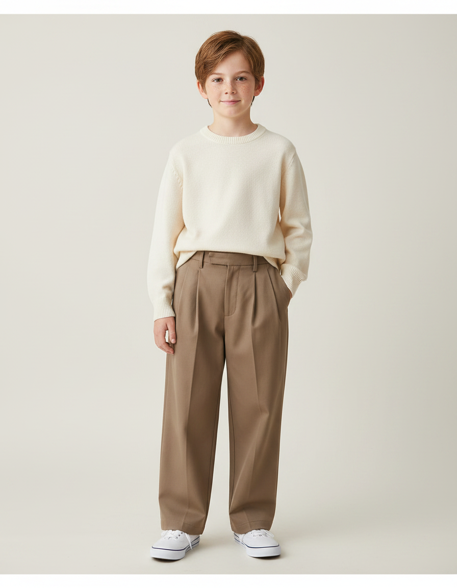 Pantalon Marron Garçon Décontracté Plissé Droit Élégant - Gabardine