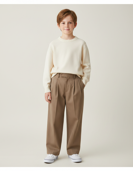 Pantalon Marron Garçon Décontracté Plissé Droit Élégant - Gabardine