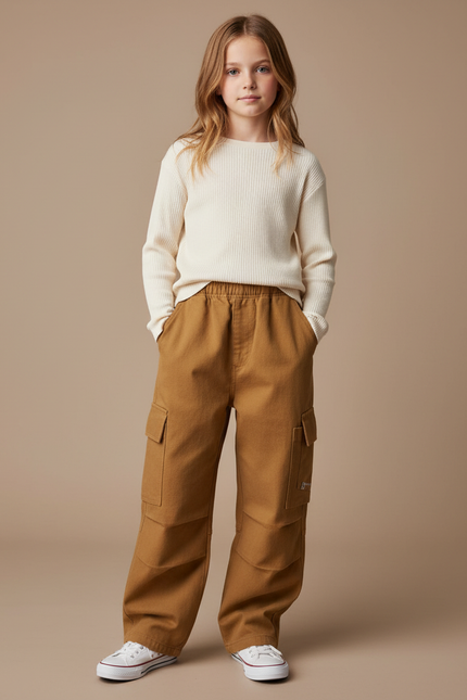 Pantalon Marron Cargo Ample Coton Enfant Poches - Camel