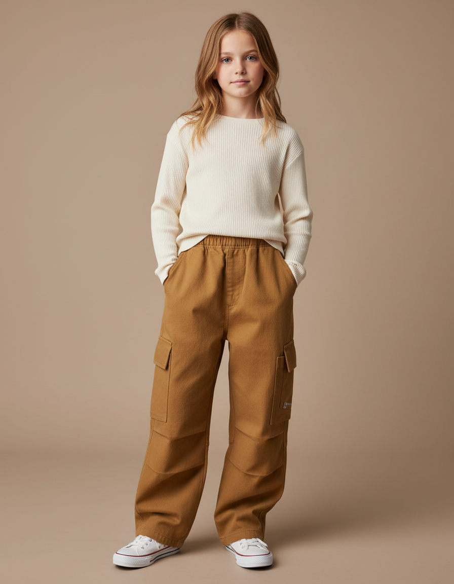 Pantalon Marron Cargo Ample Coton Enfant Poches - Camel