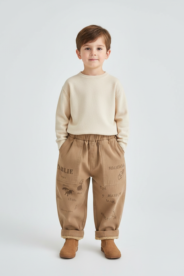 Pantalon Marron Épais Imprimé Doublé Polaire Enfant - Molleton
