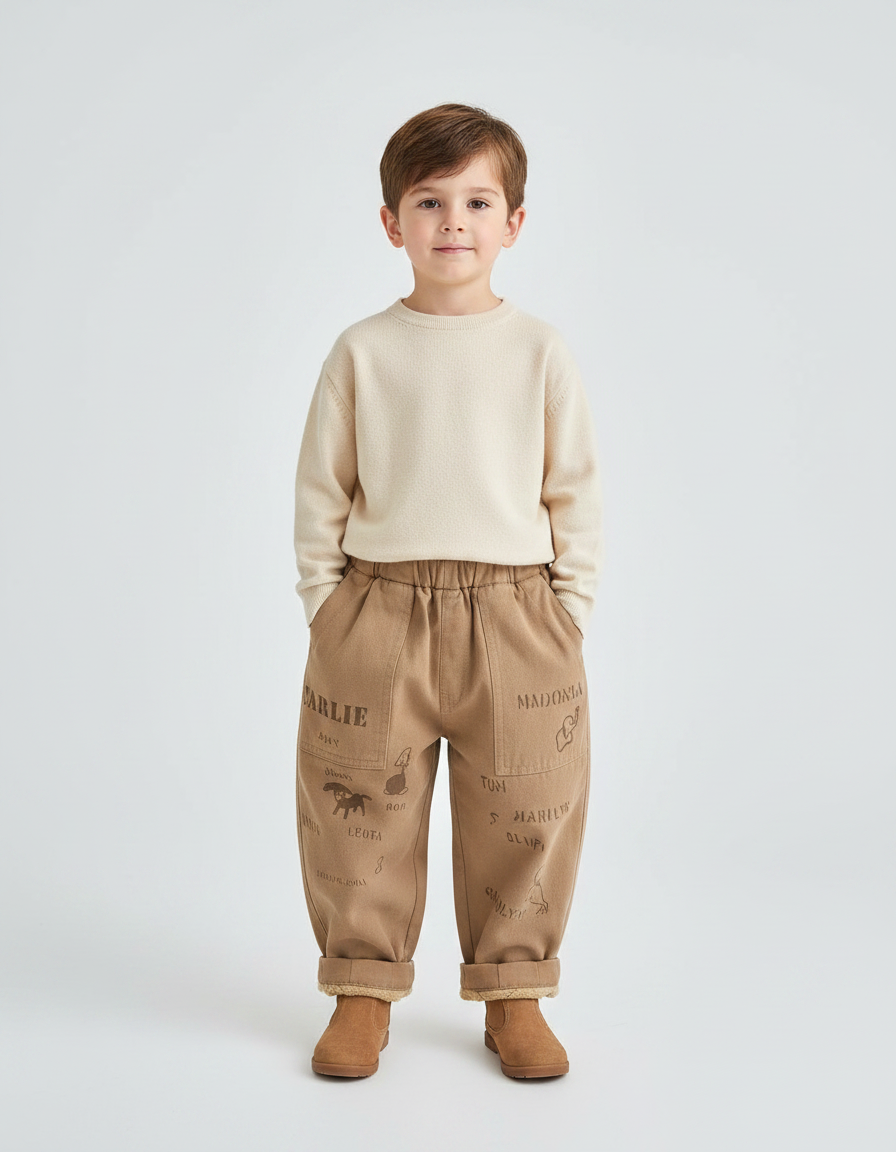 Pantalon Marron Épais Imprimé Doublé Polaire Enfant - Molleton