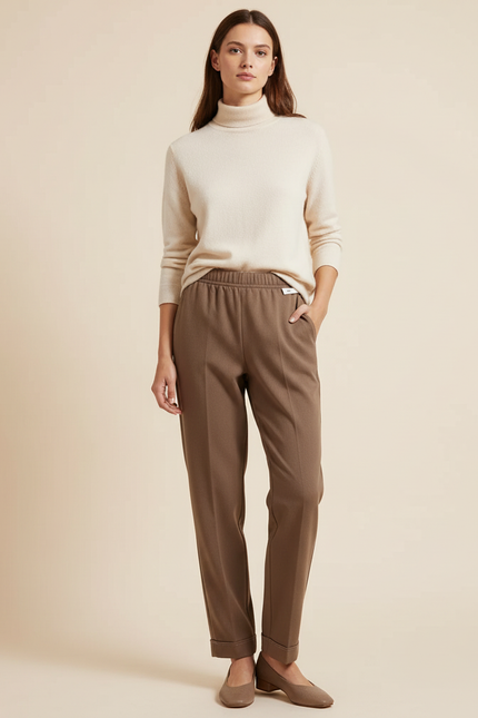 Pantalon Marron Droit Coton Taille Haute Décontracté - Molleton