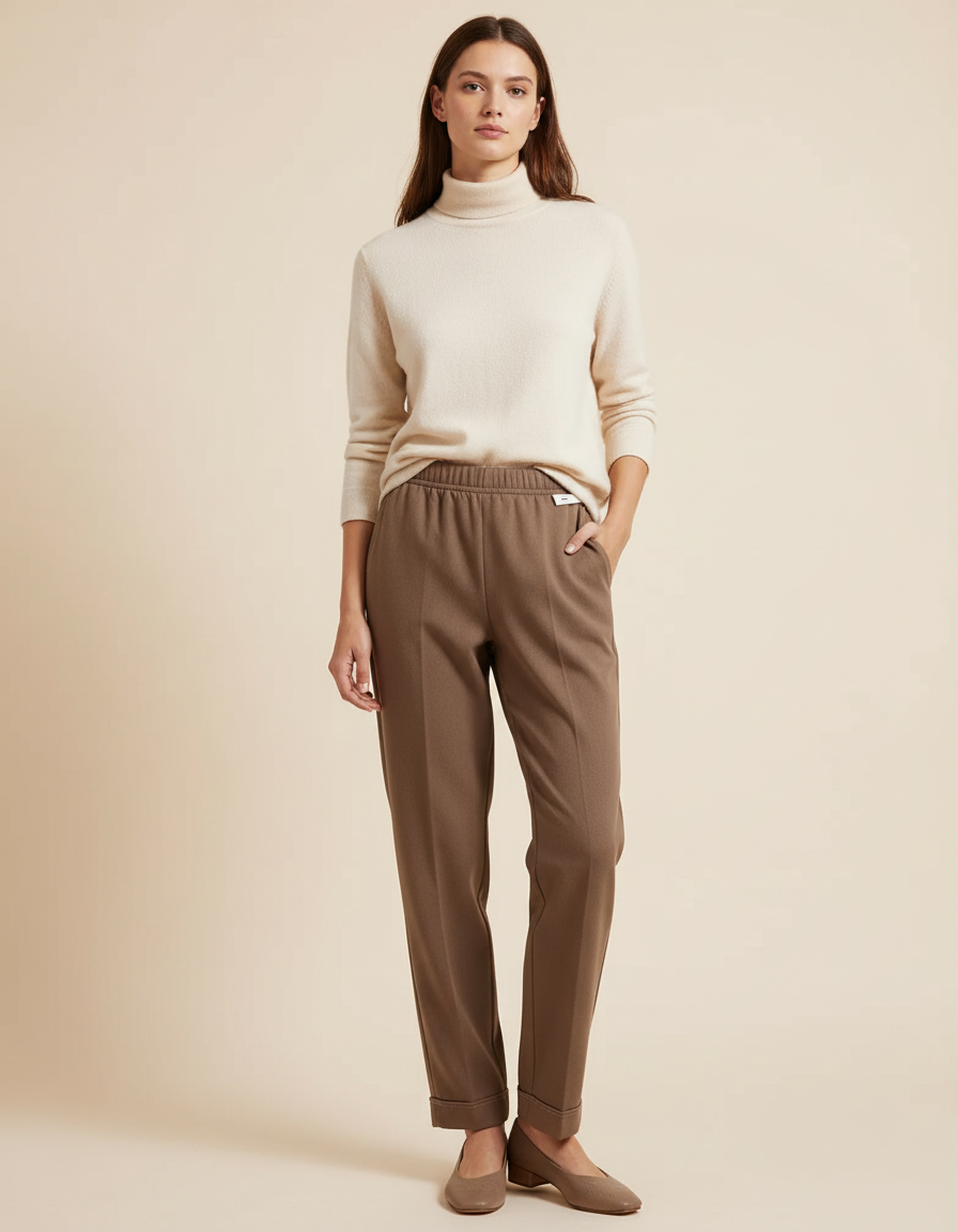 Pantalon Marron Droit Coton Taille Haute Décontracté - Molleton