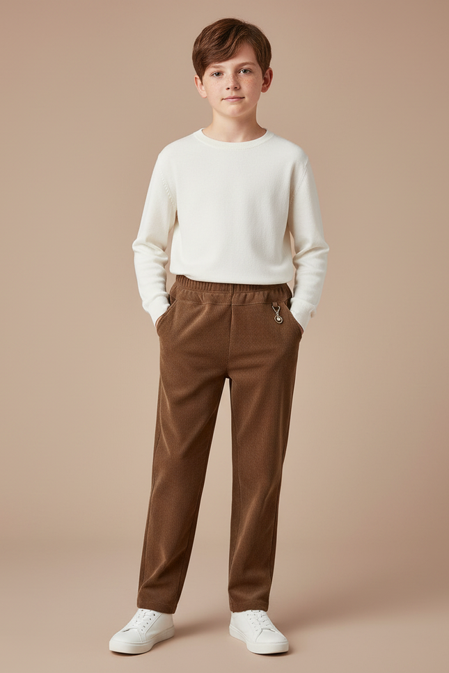 Pantalon Marron Côtelé Ample Droit Enfant Garçon - Cordé