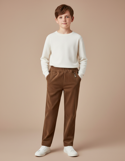 Pantalon Marron Côtelé Ample Droit Enfant Garçon - Cordé