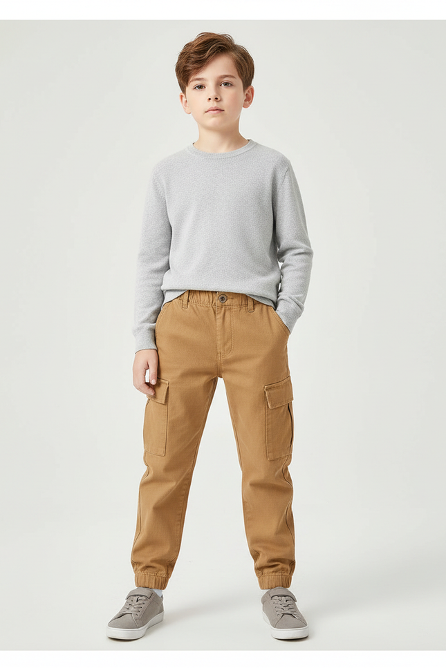 Pantalon Marron Garçon Cargo Confortable Décontracté Coton - Camel Gabardine