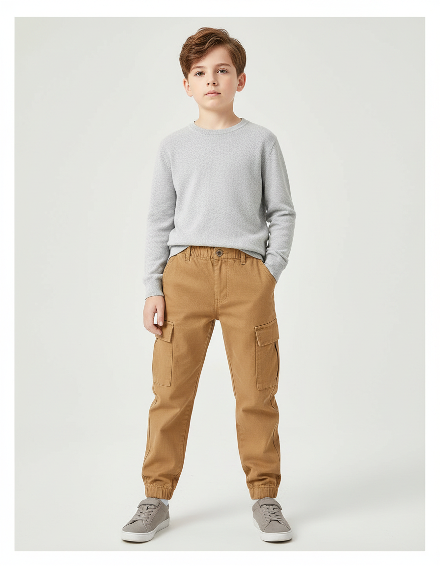 Pantalon Marron Garçon Cargo Confortable Décontracté Coton - Camel Gabardine