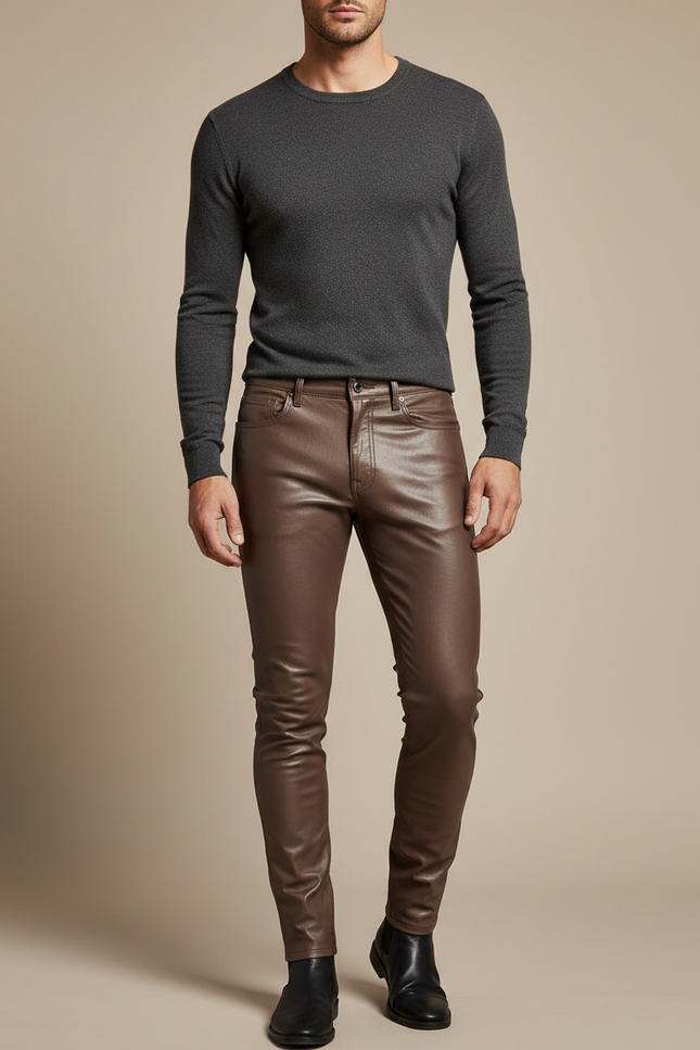 Pantalon Marron Cuir Slim Fit Stretch Homme