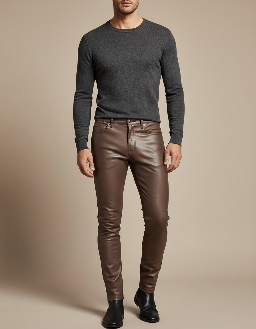 Pantalon Marron Cuir Slim Fit Stretch Homme
