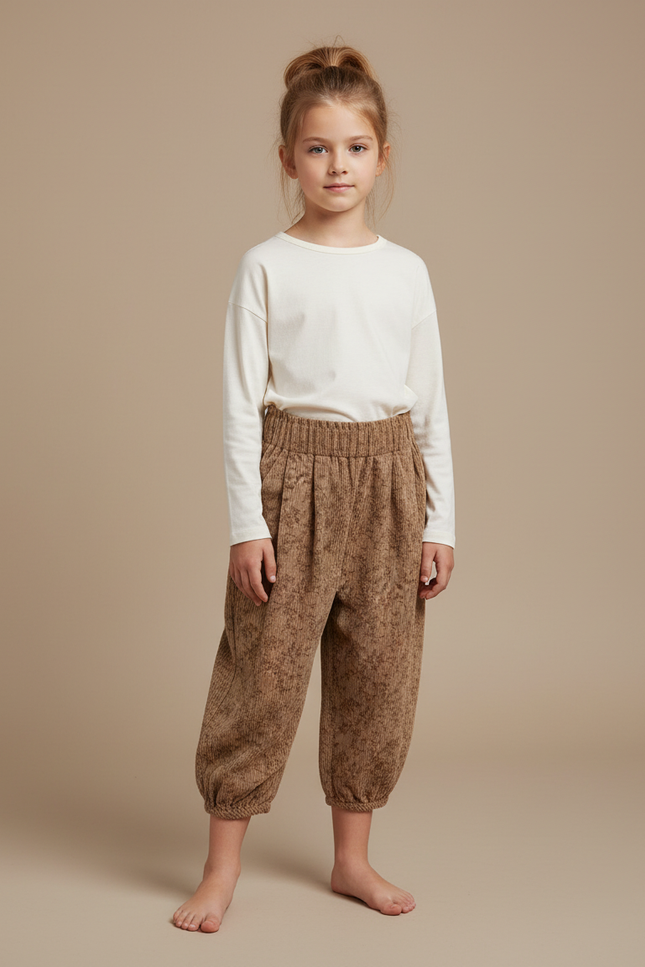 Pantalon Marron Ample Imprimé Floral Confortable Enfant - Cordé
