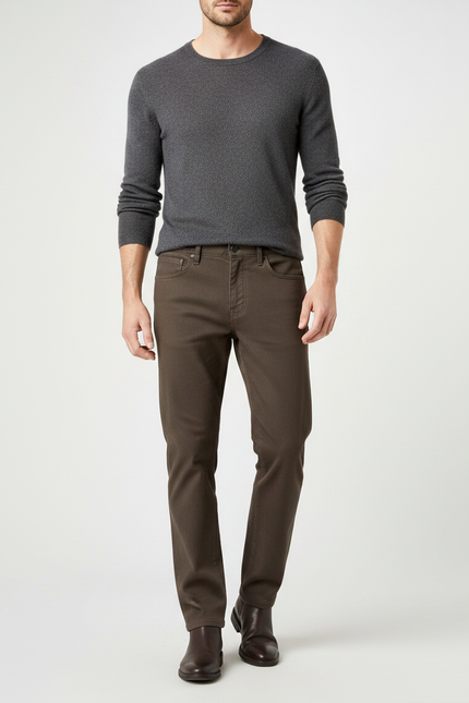 Pantalon Marron Coupe Droite Coton Stretch Homme