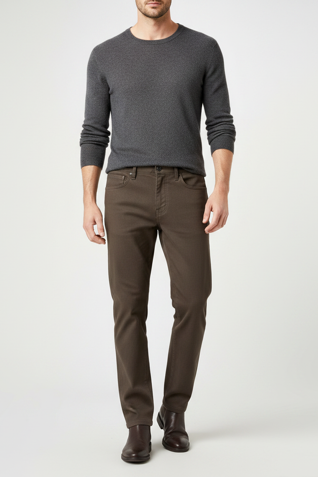 Pantalon Marron Coupe Droite Coton Stretch Homme