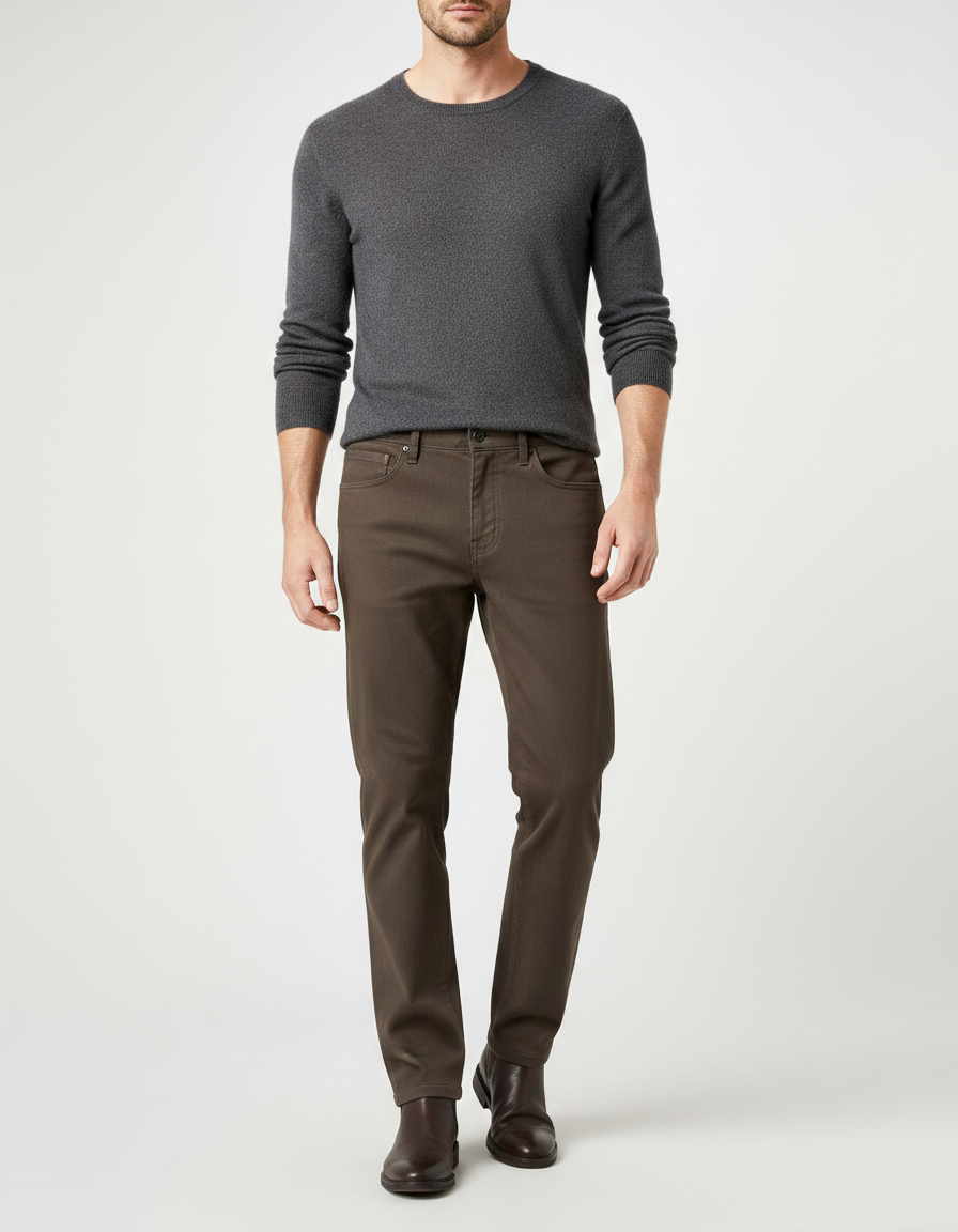 Pantalon Marron Coupe Droite Coton Stretch Homme