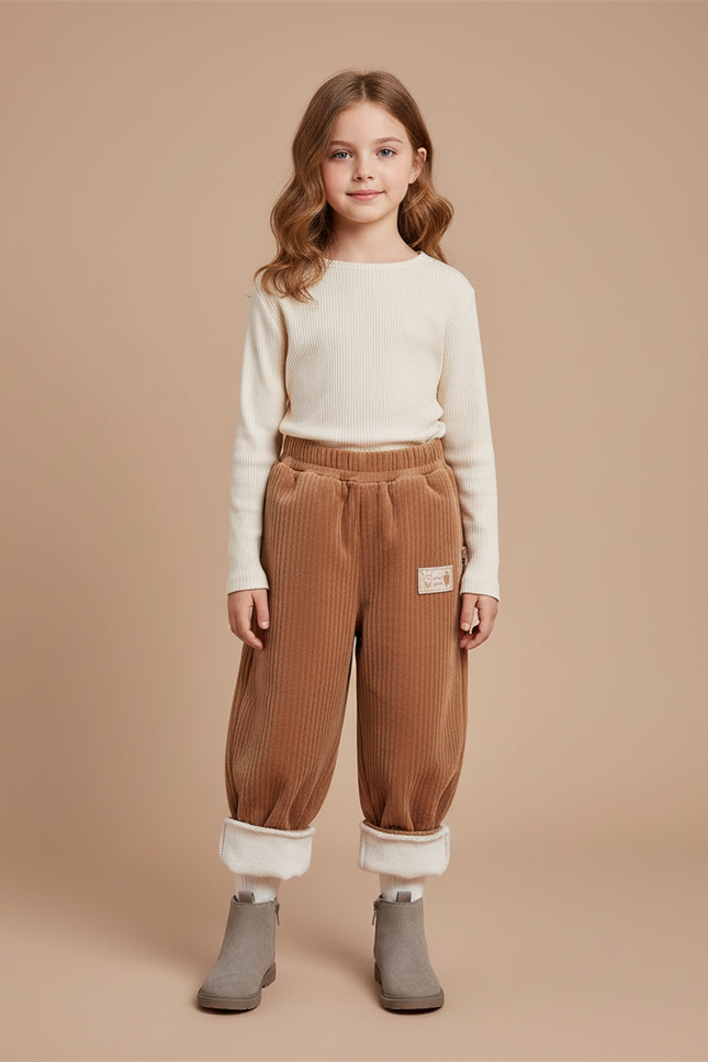 Pantalon Marron Côtelé Velours Ample Doublé Chaud Enfant - Cordé
