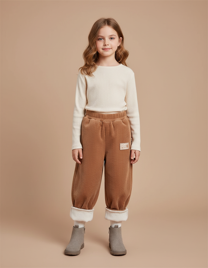 Pantalon Marron Côtelé Velours Ample Doublé Chaud Enfant - Cordé