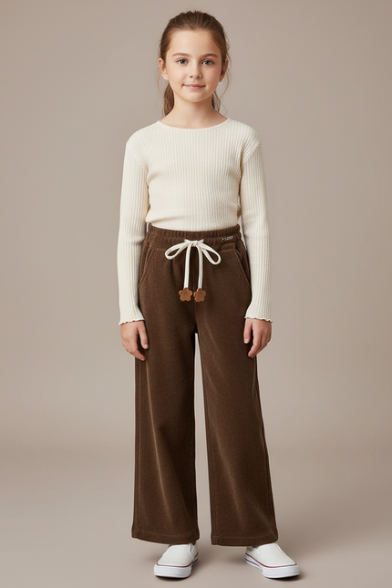 Pantalon Marron Côtelé Ample Décontracté Fille - Cordé