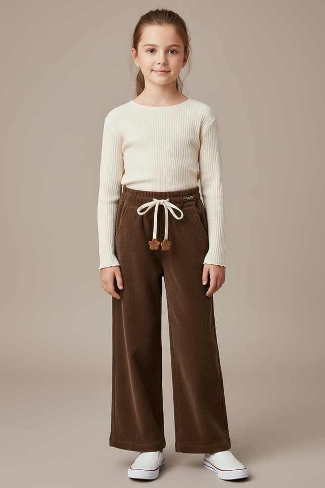 Pantalon Marron Côtelé Ample Décontracté Fille - Cordé