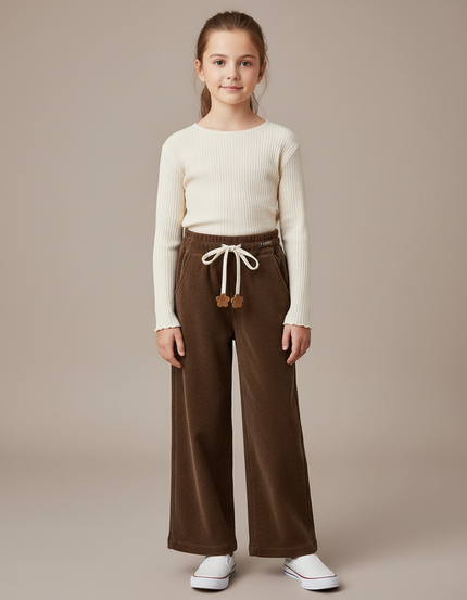 Pantalon Marron Côtelé Ample Décontracté Fille - Cordé