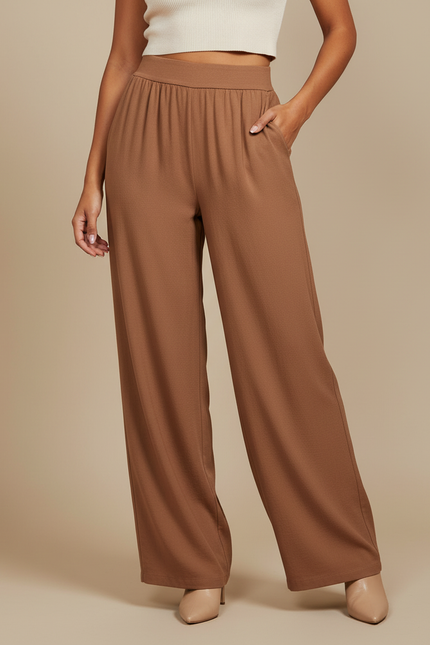 Pantalon Marron Fluide Ample Taille Haute Femme - Viscose