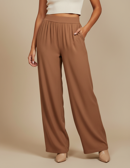 Pantalon Marron Fluide Ample Taille Haute Femme - Viscose