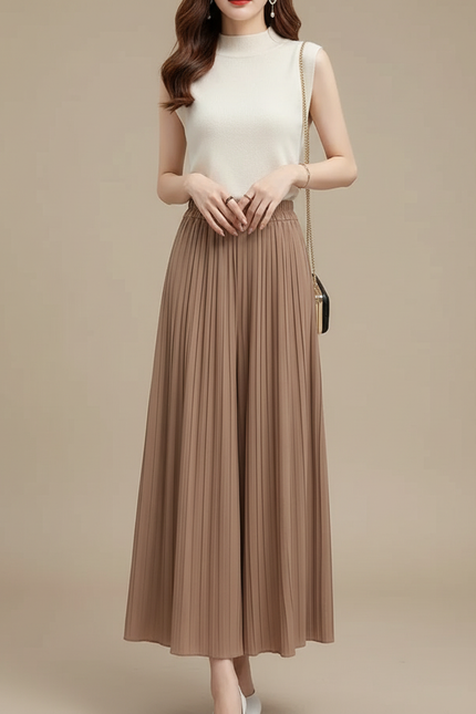 Pantalon Marron Plissé Ample Fluide Élégant - Polyester